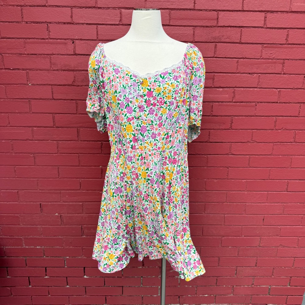 ASOS Design Curve Floral Mini Dress Pink Yellow White Lace Trim US 18 Open Back